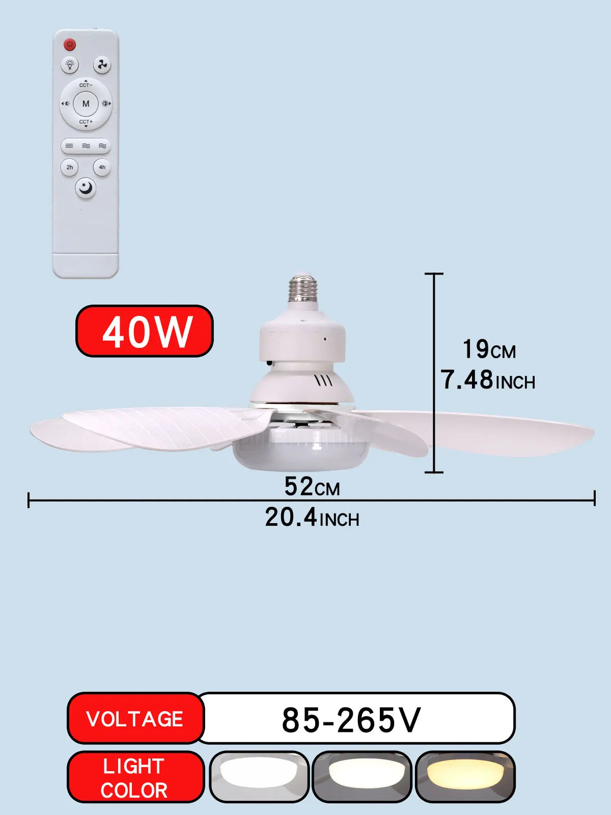 Ventilateur de Plafond LED Dimmable E27 – Télécommande, 30W/40W, 6 Pales, 3 Vitesses