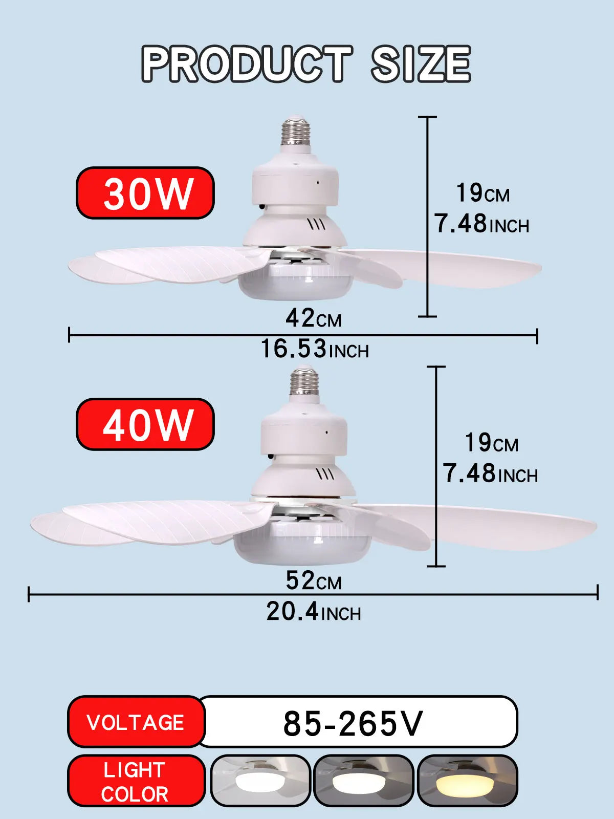 Ventilateur de Plafond LED Dimmable E27 – Télécommande, 30W/40W, 6 Pales, 3 Vitesses