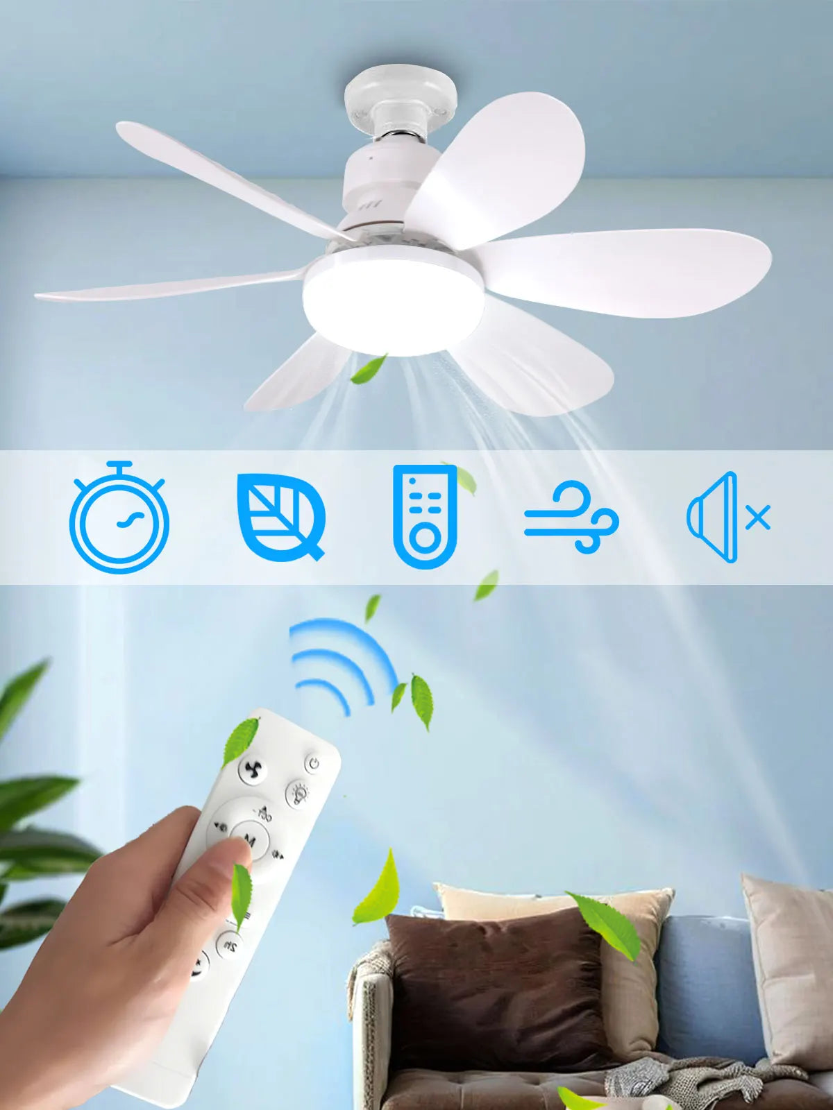 Ventilateur de Plafond LED Dimmable E27 – Télécommande, 30W/40W, 6 Pales, 3 Vitesses