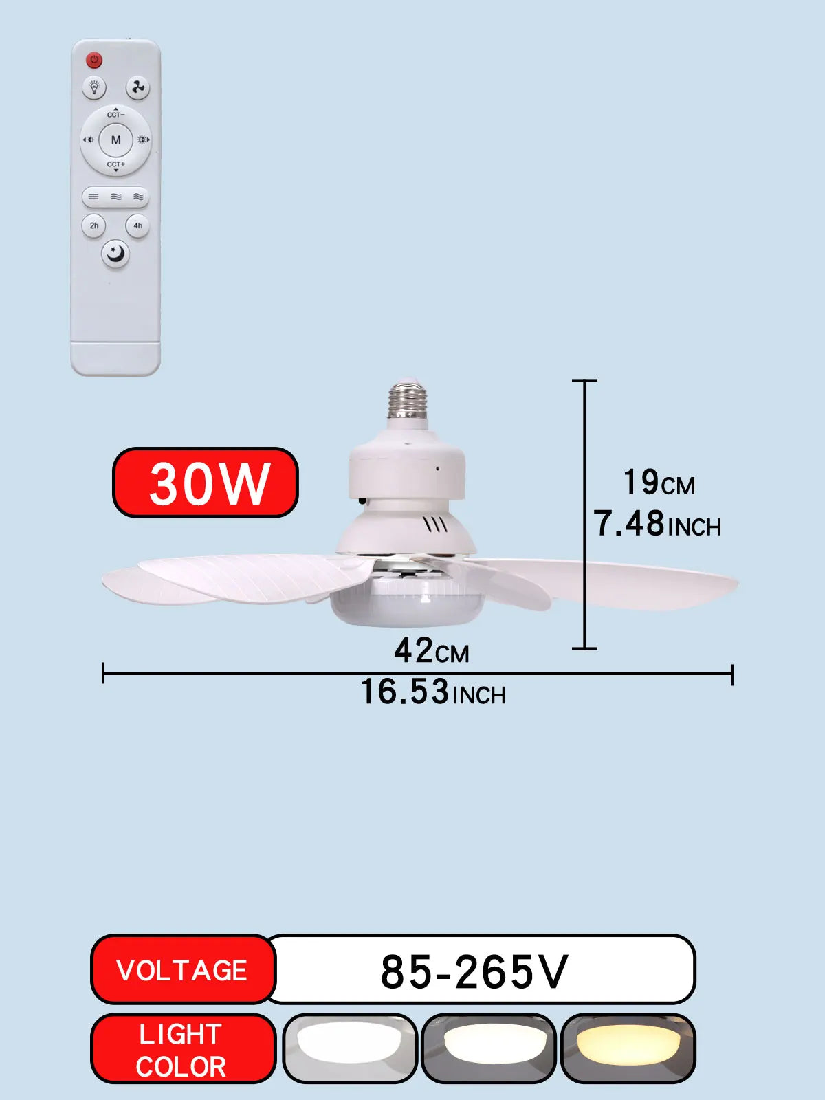Ventilateur de Plafond LED Dimmable E27 – Télécommande, 30W/40W, 6 Pales, 3 Vitesses